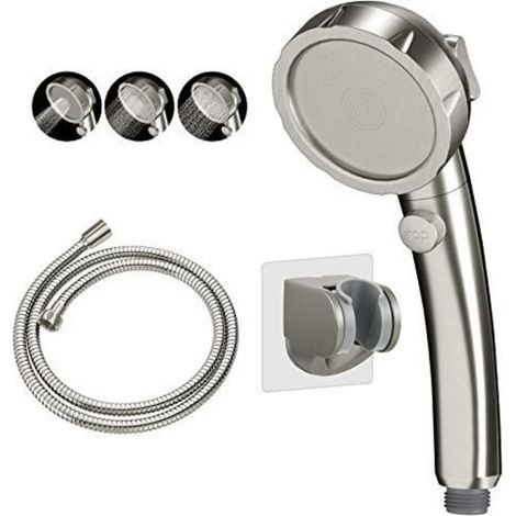 Pommeau de douche haute pression sans perçage avec interrupteur ON/OFF, 3 modes, économie d'eau, nickel brossé (1/5)
