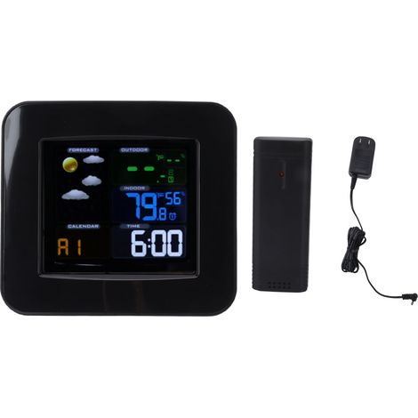 Station météo sans fil avec écran couleur LCD, thermomètre hygromètre intérieur extérieur, prévisions météo, calendrier, support miroir ABS (1/5)