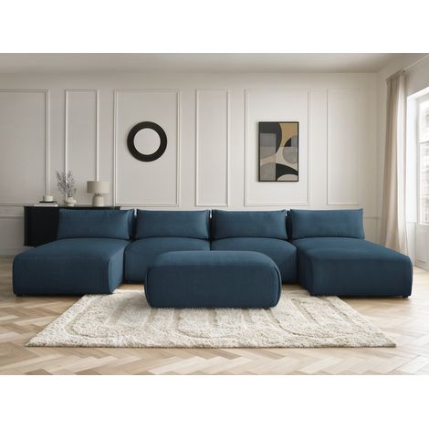 BOBOCHIC - Canapé panoramique fixe modulable avec têtières JANA tissu velours avec 2 méridiennes, 2 chauffeuses et 1 petit pouf   Bleu