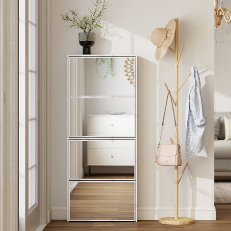 Scarpiera blanche avec miroir 4 portes en bois, antichute, 63x17x146 cm (1/5)