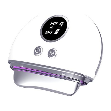 Massaggiatore facciale EMS Gua Sha con luce LED rossa, blu e viola, 4 modalità terapeutiche, massaggio riscaldato, 9 livelli di intensità, effetto lifting e antietà (1/5)