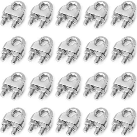 Serre Cable Inox, Serre Cable Acier, Serre-Câbles Etrier U pour Câble Métallique, Fil, Corde, 20PCS-M8-8mm