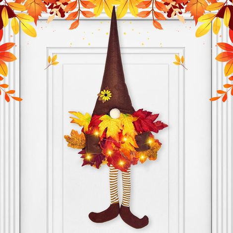 Herbstdeko Wichtel Kranz mit LED Licht, Herbst Deko Herbstkranz Haustür (A) Herbst Ahornblatt Wichtel Türkranz Deko, Hängende Türkranz Herbst Außen, Herbstdeko Innen LED Lichterkette für Haustür Wand (1/5)