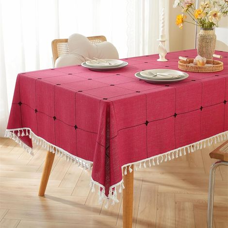 Rechteckige Tischdecke, Tischdecke aus Baumwoll-Leinen-Mischgewebe, waschbare Tischdecke mit Quaste für Küche, Esszimmer, Party, Tischdekoration (Rot, 140 x 180 cm) (1/5)