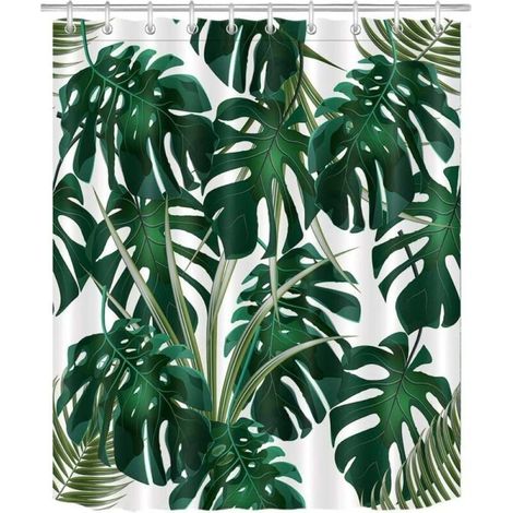Rideau de douche à motif de feuilles de palmier tropicales (180 x 180 cm), vert monstera, fond blanc, en polyester lavable et résistant à l'eau et à la moisissure, avec 12 crochets. 12 crochets. (1/5)