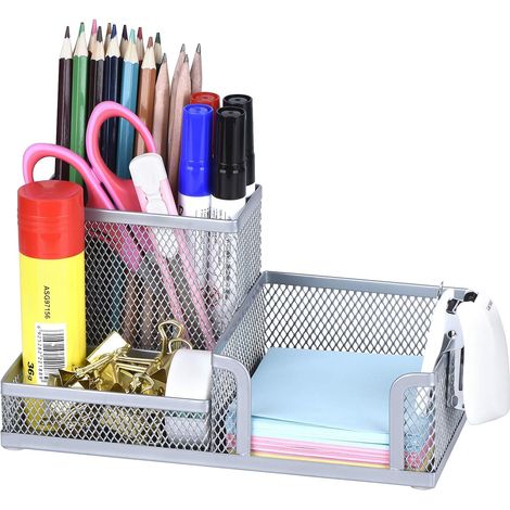 Boîte de rangement de bureau en métal avec porte-stylo, porte-stylo de bureau, porte-stylo de bureau, rangement de bureau en métal argent 20,5 10,5 9,5 cm (1/5)