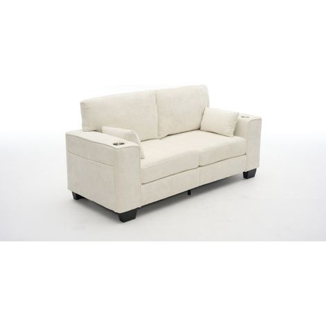 Divano a 2 posti in ciniglia beige 182 cm con portabicchieri e tasche laterali (1/5)