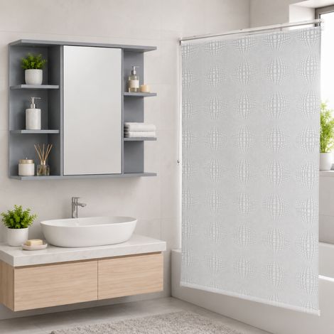 Ensemble de salle de bain avec meuble à miroir (2 pièces) – Rideau de douche à motifs et meuble mural à 8 étagères (1/5)