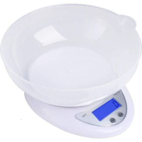 Küchenwaage mit Rührschüssel, multifunktionale Lebensmittelwaage, wiegt bis zu 5 kg Lebensmittel und verfügt über eine Schälfunktion.