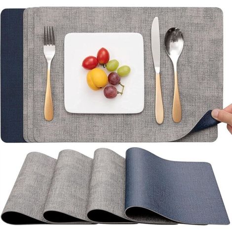 Ineasicer Washable Double-Sided Two-Tone Leather Placemats, Non-Slip Placemats, Easy to Clean, Set of 4, Gray/Blue (1/4)