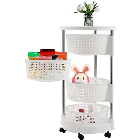 Chariot de rangement de cuisine mobile, étagère de rangement multifonctionnelle, chariot de courses à 4 niveaux + 5 roues universelles, panier grillagé rotatif à 360° (blanc) (1/5)