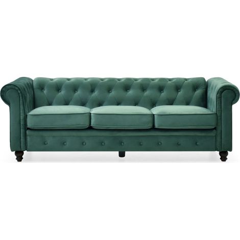 Canapé 3 Places Velours "Chesterfield" 209cm Vert