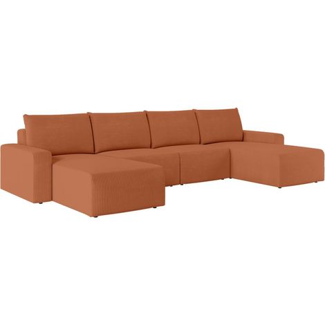 Canapé panoramique fixe 6 places ROMANE en velours côtelé - Terracotta (1/5)