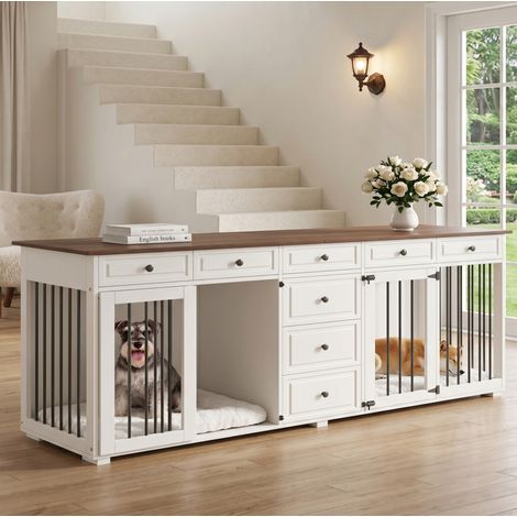 Armario con jaula para 2 perros, con 8 cajones y cerraduras de seguridad, estructura de MDF y metal, color blanco. (1/5)