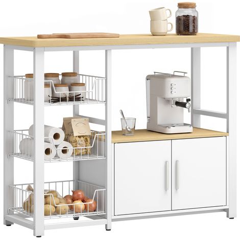 Étagère de cuisine - HOMCOM - 3 paniers, 2 portes, plan de travail, support de micro-ondes - bois - 100x35x80cm - blanc et chêne (1/5)
