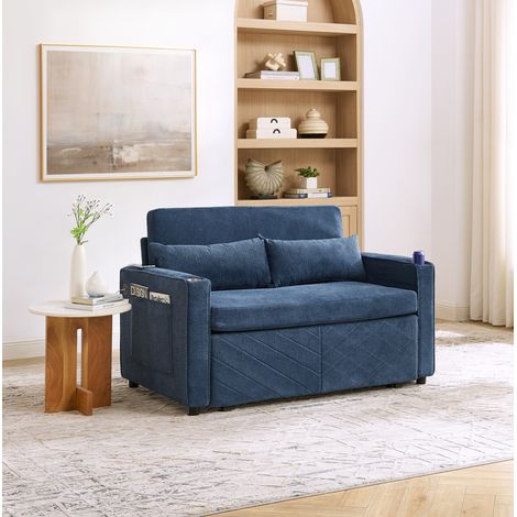 Divano letto 3 in 1 con porte USB, tasche laterali e sistema scorrevole, in tessuto, blu marino (1/5)
