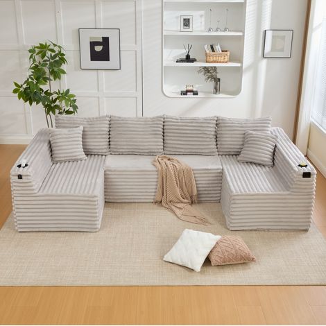 Modulsofa U-Form 320x155x88 cm hellgrau Cord mit Getränkehalter und Seitentasche (1/5)