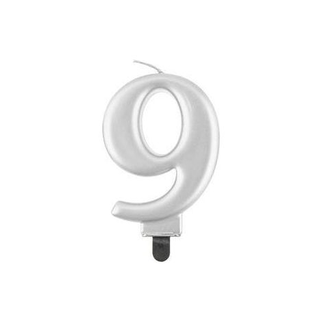 Kerze Nummer 9, metallisch silber, 8 cm, 1 Stück. (1/2)