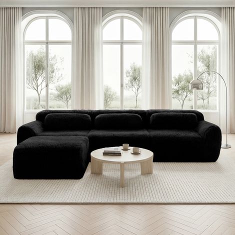 Canapé d'angle en tissu peluche mousse 32D, sans montage, base antidérapante, coussins inclus, meuble de salon chambre - 3 palces, noir (1/5)