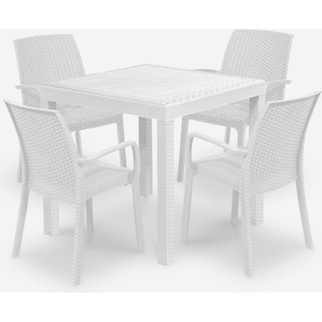 Salon de jardin table 80x80cm rotin + 4 chaises blanches Nisida Light (1/5)