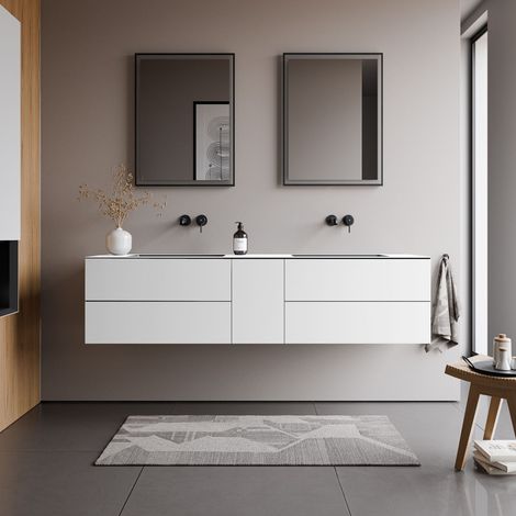 BERNSTEIN - Meuble vasque suspendu MDF Blanc laqué, lavabos en Fonte Anthracite mat, 5 tiroirs poussoir & Soft-Close - 180x52x45cm - ARCTIC