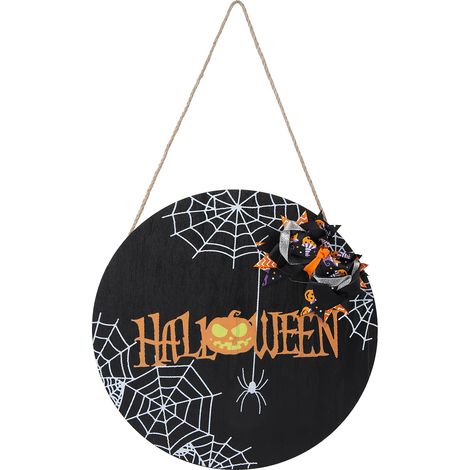 Plaque de Bienvenue Toile d'Araignée en Bois pour Halloween avec Noeud Papillon Noir (1/5)