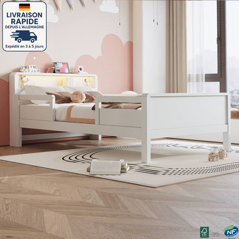 MODFU - Letto per bambini 90×200cm, testiera con contenitore, USB+Type-C, letto singolo LED, pino, senza materasso, bianco (1/5)