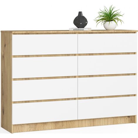 Kommode AKORD K140 Eiche Artisan 138 cm 8 Schubladen Front Weiß B138 x H99 x T40 cm (1/4)