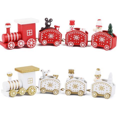 2pcs Petits Train de Noël en Bois Ornement Pendentif Train Caravane Forme Bonhomme de Neige Père Noël Créatif Cadeau Décoration pour Artisanat Table Maison Jardin Fête Nouvel an Rouge Blanc (1/5)