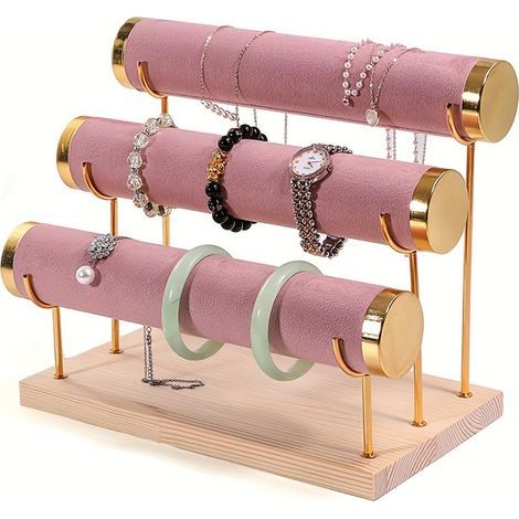 Espositore per bracciali a tre livelli, supporto per gioielli in ferro battuto con base in legno, orologio da tavolo multifunzionale e organizer per bracciali, torri portagioie - Rosa (1/4)