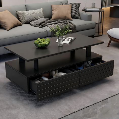 Couchtisch aus Acryl in Schwarz mit LED, rechteckig 100 cm, mit 2 Schubladen und Ablage