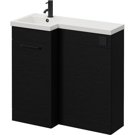 Napoli 390 Nero Oak 900mm Single Door Vanity Unit Toilet Suite with Left Hand Square Lucia Basin - 900mm - Matt Black 160mm HandleWithout Kingston Toilet Pan