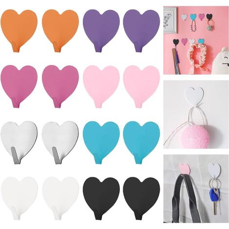 16 ganchos adhesivos de pared con forma de corazón, de acero inoxidable, autoadhesivos, 8 colores, no requieren perforación, para dormitorio, baño y cocina, 40 x 40 mm (1/5)