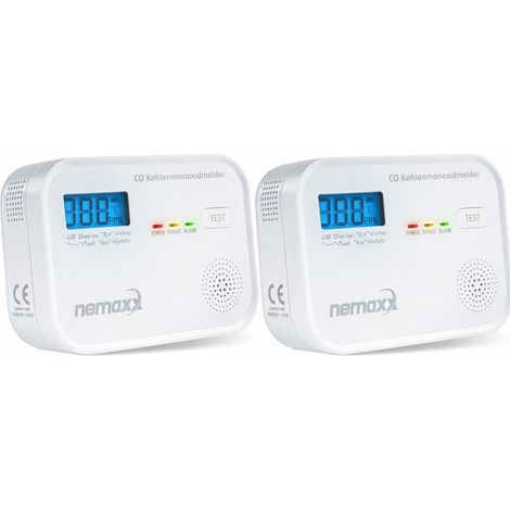 NEMAXX® CM18 Kohlenmonoxid-Melder / CO-Warnmelder mit LCD-Display – 85 dB, elektrochemischer Sensor, EN 50291-1:2018, Testtaste, 3x AA LR6-Batterien, 10 Jahre Produktlebensdauer – 2er Set