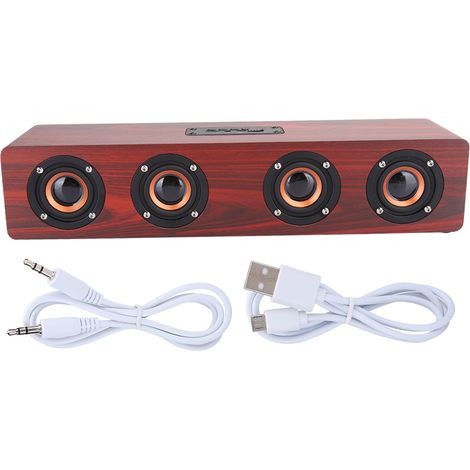Enceinte Bluetooth Subwoofer Filaire Bois Rouge, Haut-parleur PC Téléphone Bureau Musique (1/5)