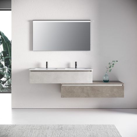 Composizione doppio lavabo 4 pezzi YOKA bianco pietra / avana pietra (1/4)
