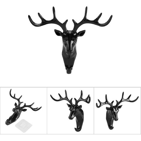 Crochet mural adhésif tête de cerf pour porte-clés et sacs, décoration intérieure (Noir) (1/5)