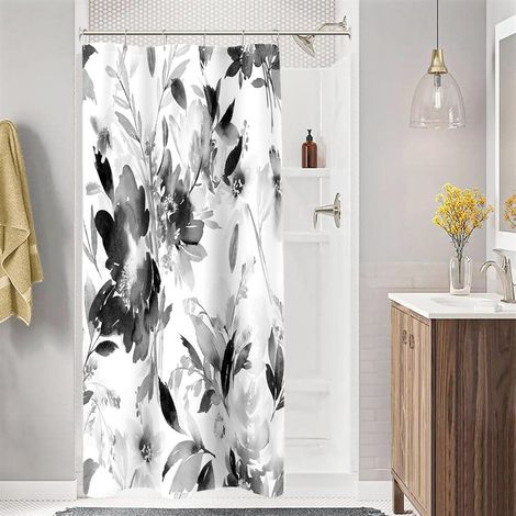 Cortina de ducha pequeña de 36x72 pulgadas con diseño floral en acuarela, diseño floral abstracto moderno en blanco y negro incluye ganchos.