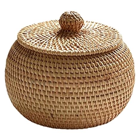 Boîte de rangement ronde en rotin avec couvercle, boîte de rangement tressée à la main, décoration intérieure (1/4)