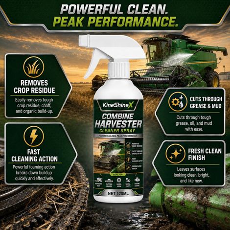 KineShineX Reinigungsspray für Mähdrescher zur Entfernung von Öl und Schlamm von Maschinenkörper, Schneidwerk, Radnaben und Metallteilen. (1/4)