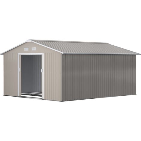 Cabane de Jardin Acier Portes Coulissantes Toit Incliné 340x386x200 cm Gris