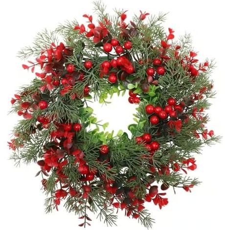 Couronne de Noël Moorle avec baies rouges et feuilles d'eucalyptus artificielles - Idéale pour l'intérieur et l'extérieur 4 styles uniques pour porte et mur (1/5)