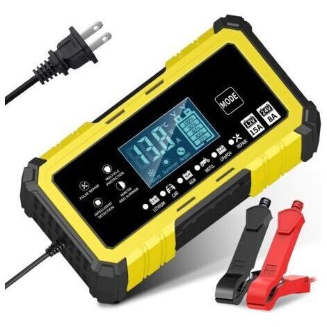 12 V 15 A / 24 V 8 A JauneChargeur à impulsions 12 V 15 A / 24 V 8 A, chargeur de batterie lithium-fer-phosphate 14,6 V 15 A pour motos et voitures, compatible avec les batteries au plomb-acide (1/4)