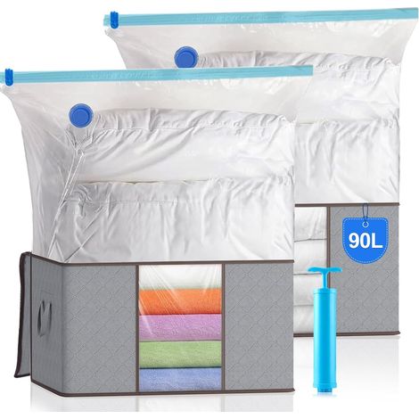 Housse de Rangement Couette, Rangement Vetement - 2 Sacs Sous Vide, 2 Sacs de Rangement avec Poignées de Renforcement et 1 Pompe - Solution de Rangement pour Vêtement, Duvet, Couette & Oreiller (1/5)