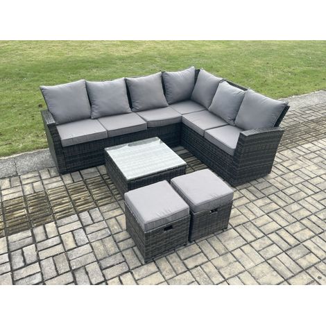 Fimous Rattan Garden Furniture Set Outdoor Lounge Corner Sofa Set With Square Coffee Table 2 Small Footstools 8 Seater Dark Grey Mixed (1/5)