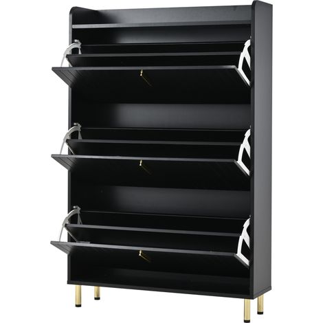 Scarpiera stretta con 3 ante a ribalta e 6 scomparti, MDF nero, 80 x 23,5 x 123,5 cm (1/5)