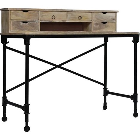 Bureau 6 tiroirs 1 niche manguier massif clair laqué et métal noir Sytrana (1/5)