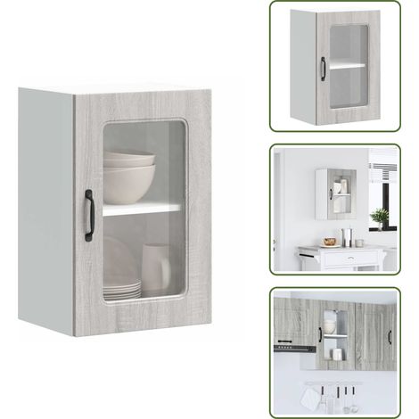 Küchen-Hängeschrank mit Glastür Grau Sonoma Holzwerkstoff - Küchen-Wandschrank - Küchen-Wandschränke - Wandschrank Küche - Küchenschrank (1/5)