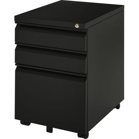 Caisson de bureau à roulettes en acier noir avec 3 tiroirs et poignée concave (1/5)