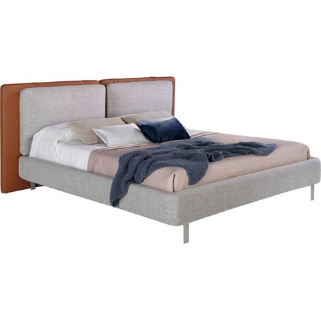 Lit bois massif recouvert de tissu et éco-cuir avec pieds acier inoxydable sommier à lattes inclus - Marron, gris (1/5)
